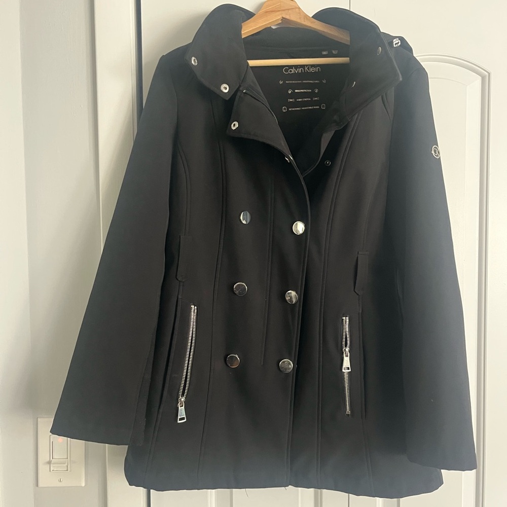 Calvin Klein Women's Black Pea Coat with Silver Accents